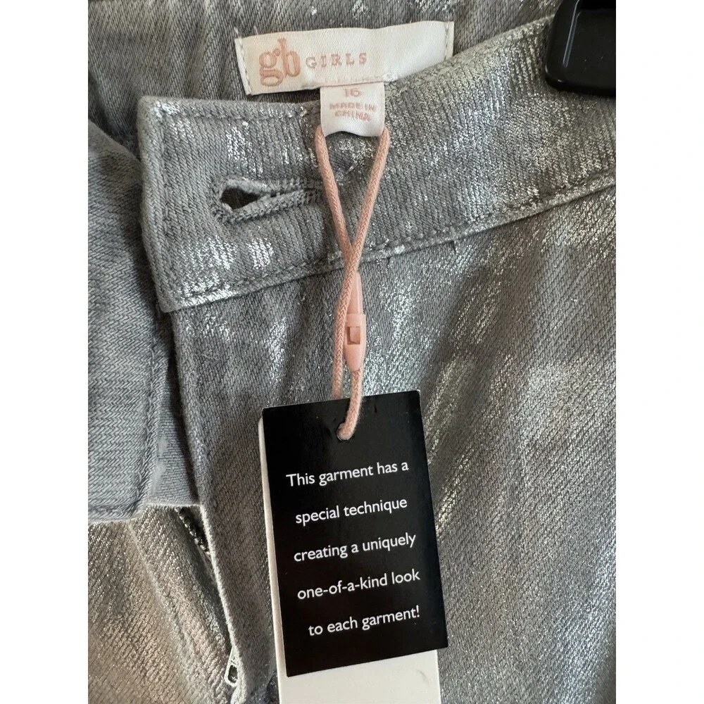 Gianni Bini Girls Foiled Metallic Denim Pants gray silver straight wide legs 16